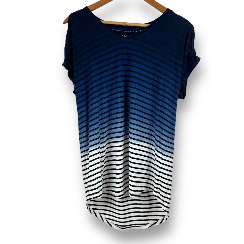Max Jeans Cold Shoulder Short Sleeve Blue Varigated Stripe Tunic Size S
